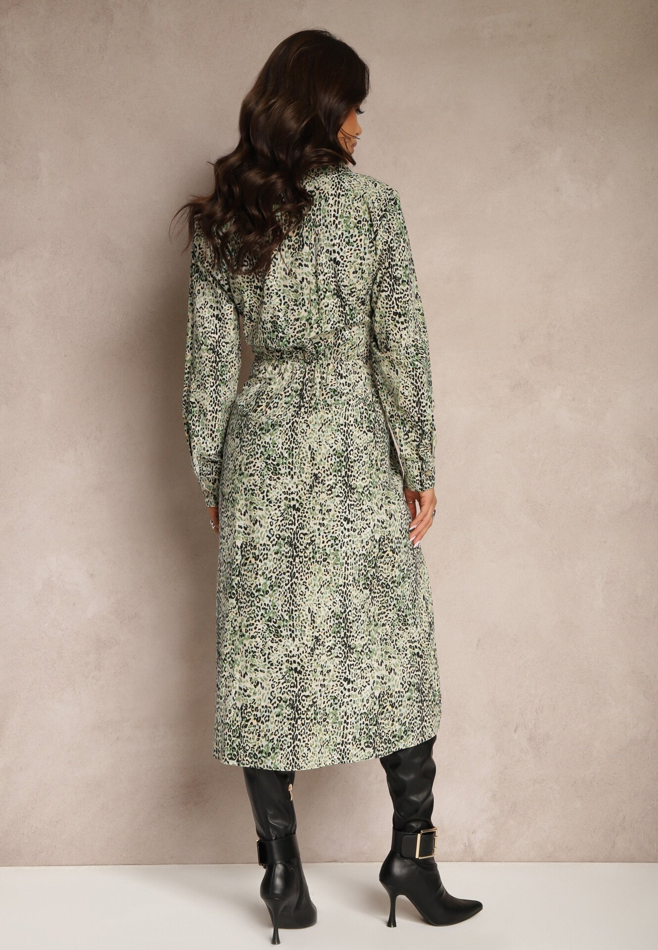rosa Rochie Verde din bumbac cu imprimeu leopard stil cămașă legată în talie Inoraelis