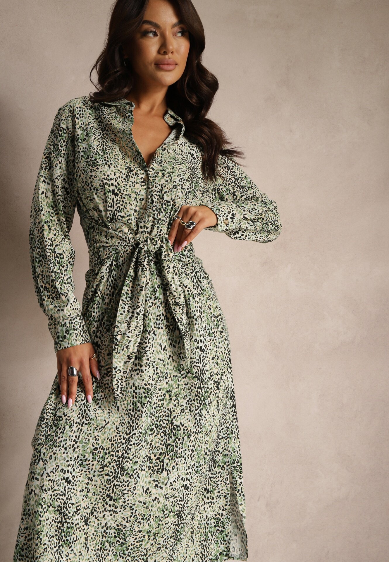 rosa Rochie Verde din bumbac cu imprimeu leopard stil cămașă legată în talie Inoraelis
