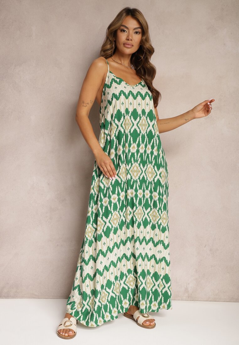 rosa Rochie Verde din Vascoză cu Bretele Croială Evazată și Imprimeu Geometric Xervidia