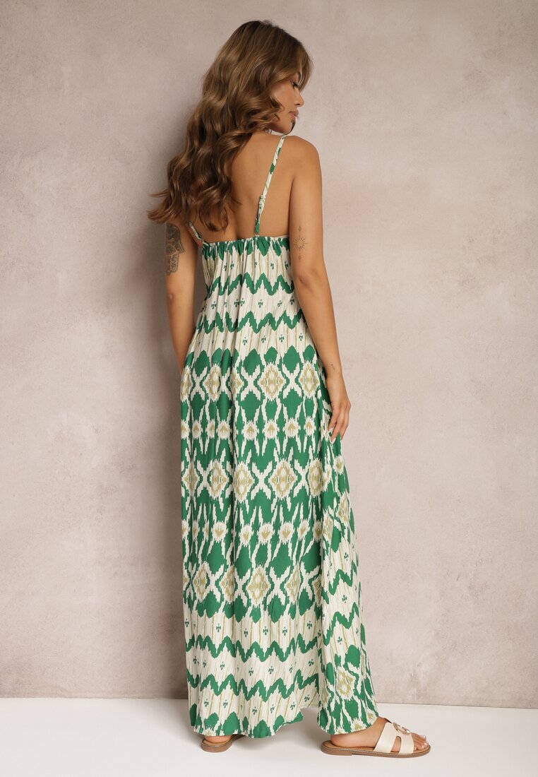 rosa Rochie Verde din Vascoză cu Bretele Croială Evazată și Imprimeu Geometric Xervidia