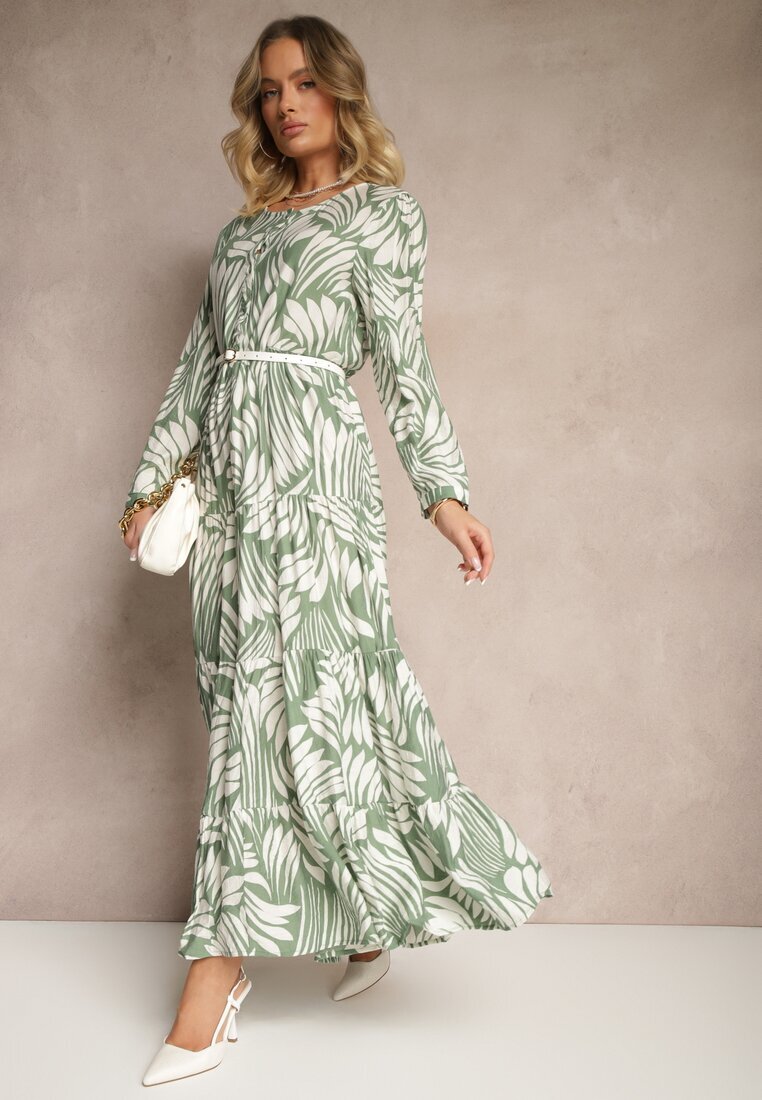 rosa Rochie Verde din Vâscoză cu Croială Cloș cu Imprimeu Abstract Grelaviel
