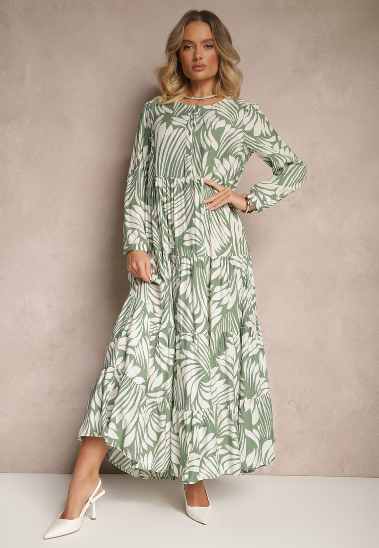rosa Rochie Verde din Vâscoză cu Croială Cloș cu Imprimeu Abstract Grelaviel
