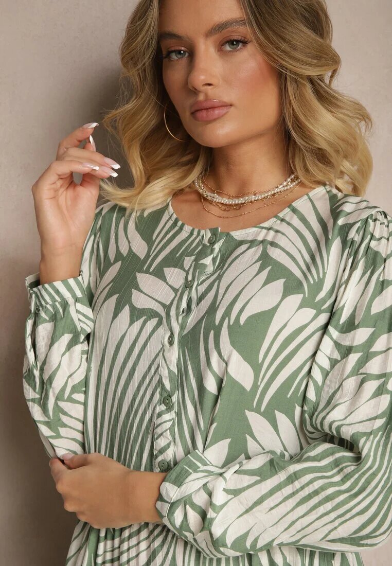 rosa Rochie Verde din Vâscoză cu Croială Cloș cu Imprimeu Abstract Grelaviel