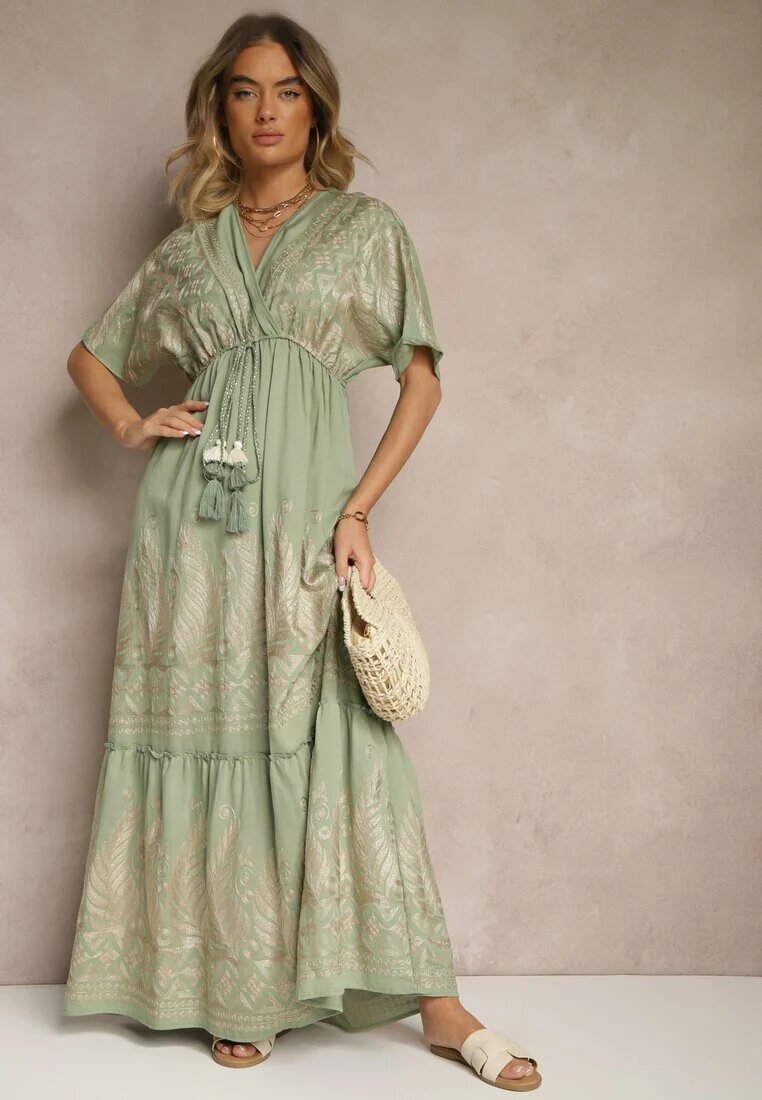 rosa Rochie Verde Din Viscoză Boho cu Croială Petrecută cu Broderie Metalică Redeselle