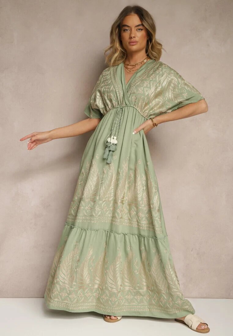 rosa Rochie Verde Din Viscoză Boho cu Croială Petrecută cu Broderie Metalică Redeselle