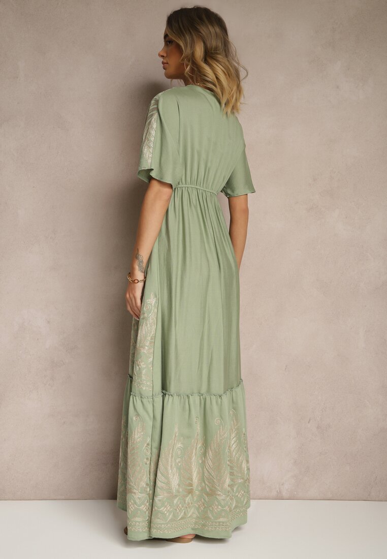 rosa Rochie Verde Din Viscoză Boho cu Croială Petrecută cu Broderie Metalică Redeselle