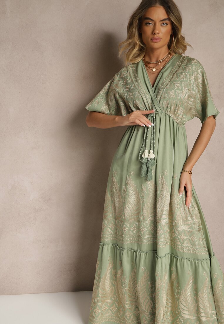 rosa Rochie Verde Din Viscoză Boho cu Croială Petrecută cu Broderie Metalică Redeselle