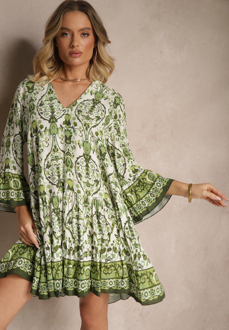 rosa Rochie Verde din Viscoză cu Croială Cloș cu Imprimeu Etnic Aledia