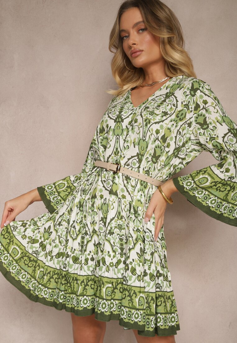 rosa Rochie Verde din Viscoză cu Croială Cloș cu Imprimeu Etnic Aledia
