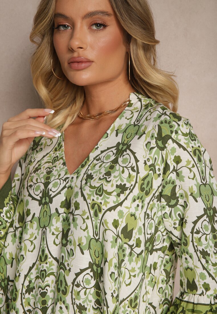 rosa Rochie Verde din Viscoză cu Croială Cloș cu Imprimeu Etnic Aledia