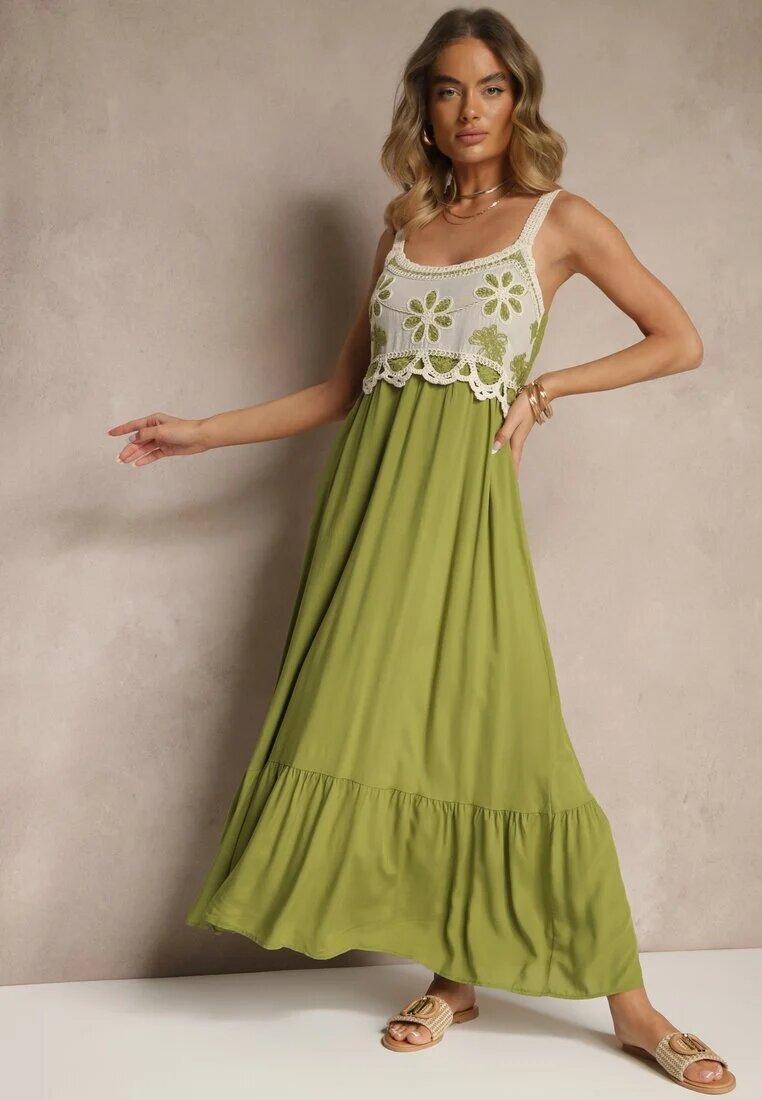 rosa Rochie Verde din Viscoză Decorată cu Broderie Rinastra