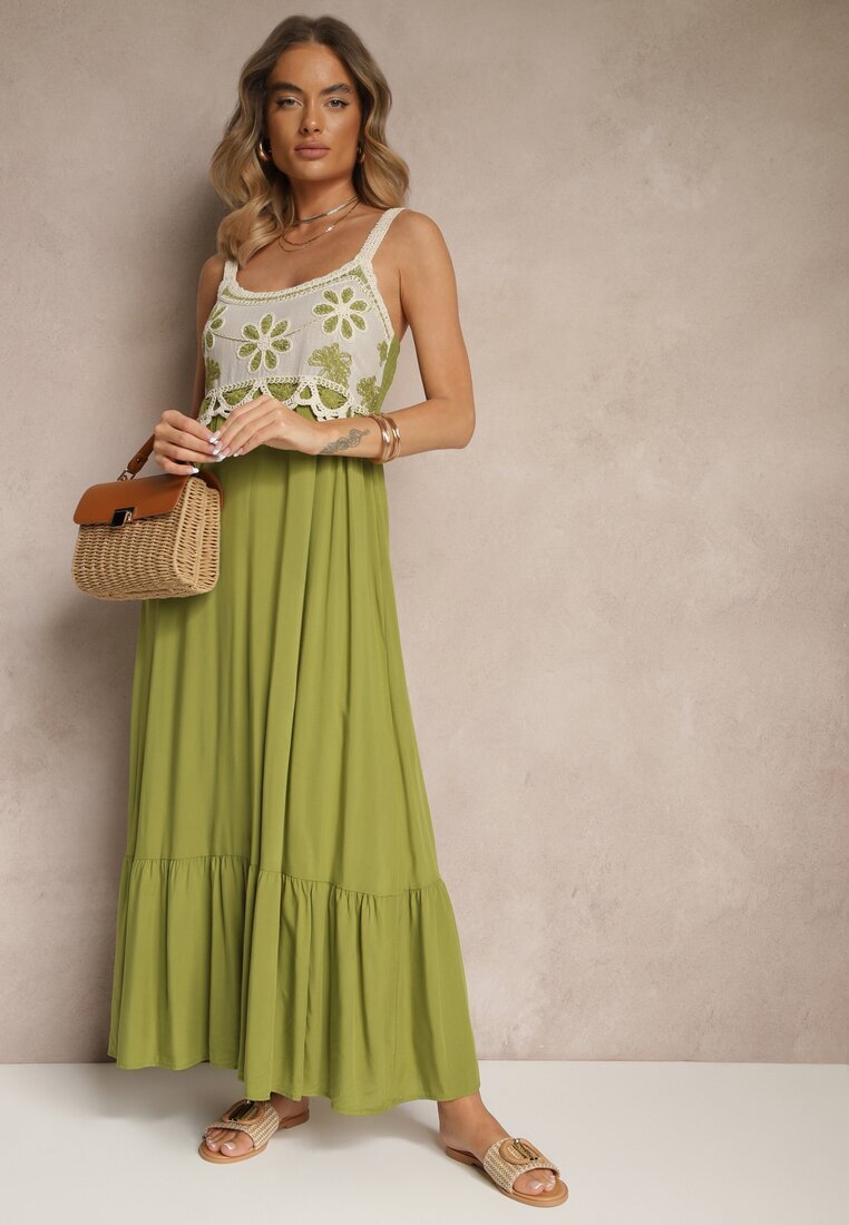 rosa Rochie Verde din Viscoză Decorată cu Broderie Rinastra
