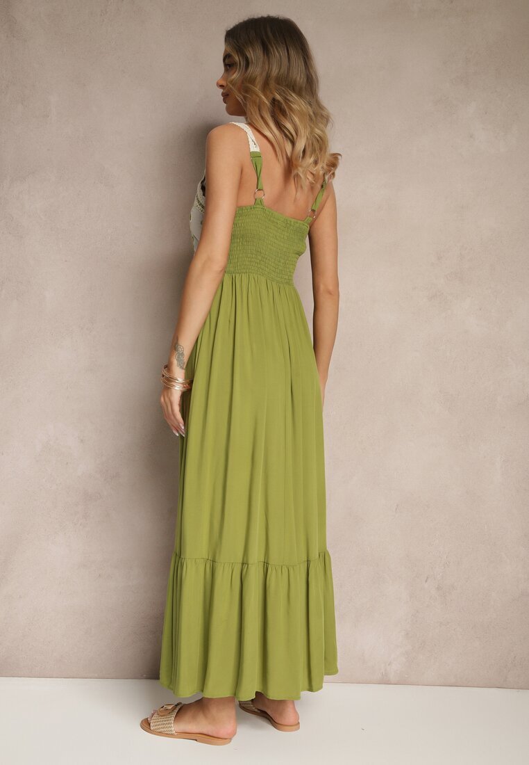 rosa Rochie Verde din Viscoză Decorată cu Broderie Rinastra