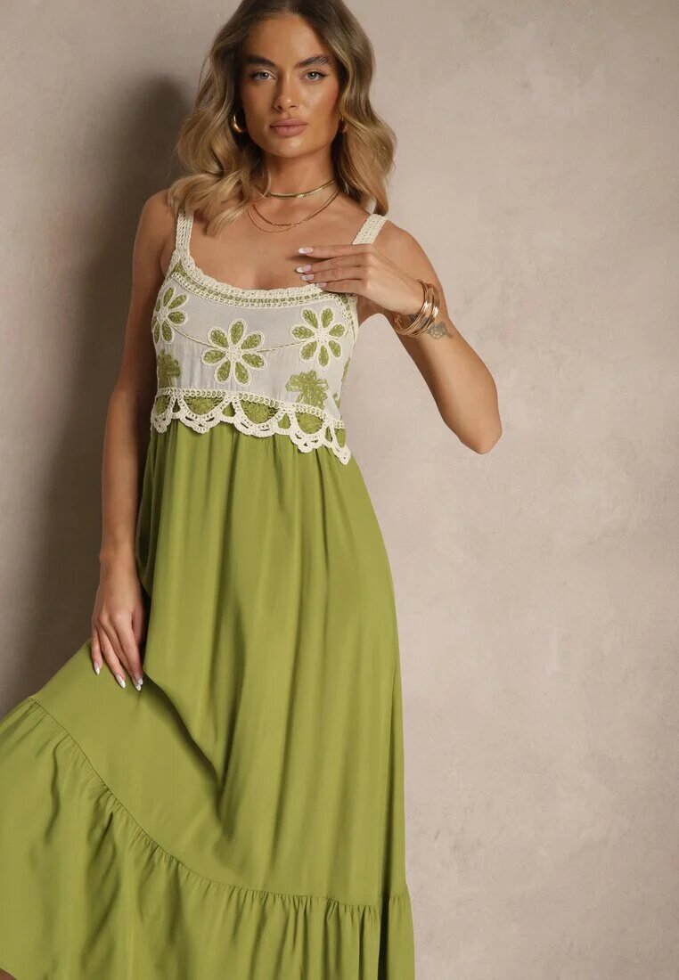 rosa Rochie Verde din Viscoză Decorată cu Broderie Rinastra