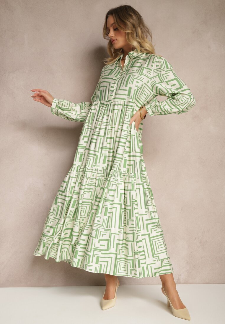 rosa Rochie Verde Evazată cu Vâscoză cu Imprimeu Geometric Apirestia