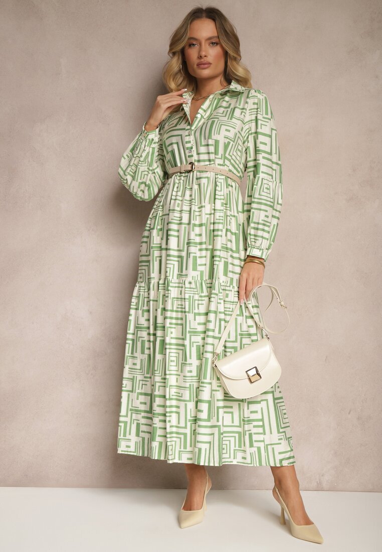 rosa Rochie Verde Evazată cu Vâscoză cu Imprimeu Geometric Apirestia