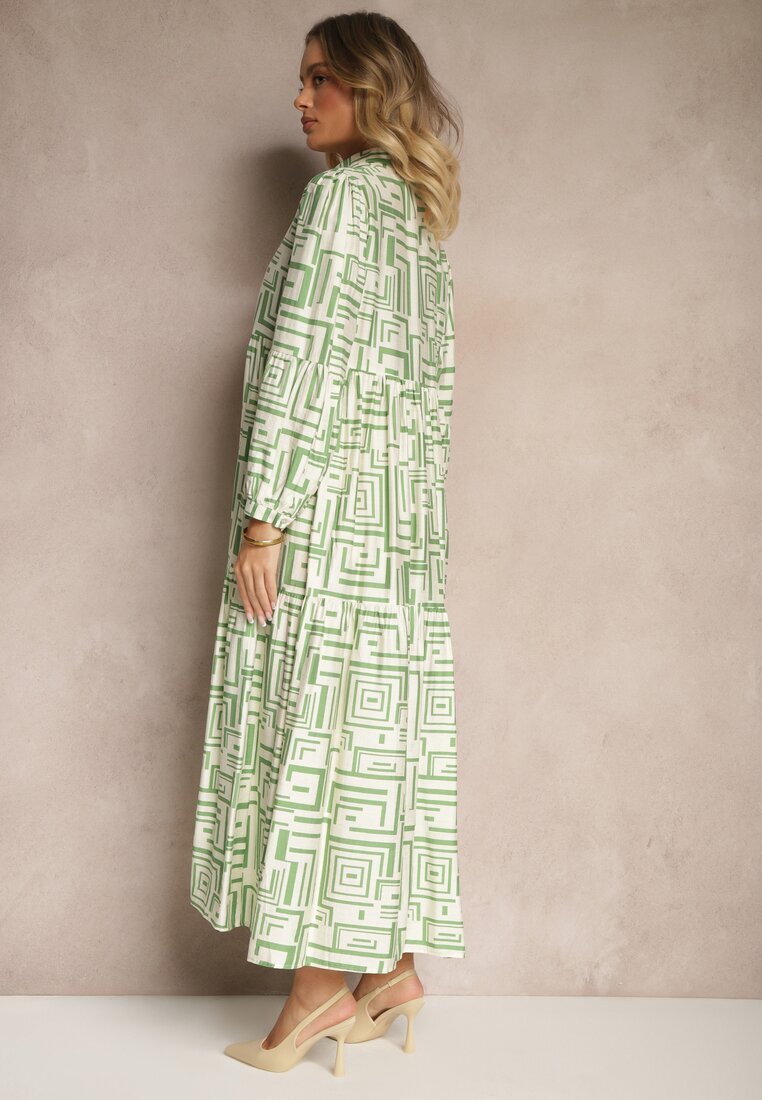 rosa Rochie Verde Evazată cu Vâscoză cu Imprimeu Geometric Apirestia