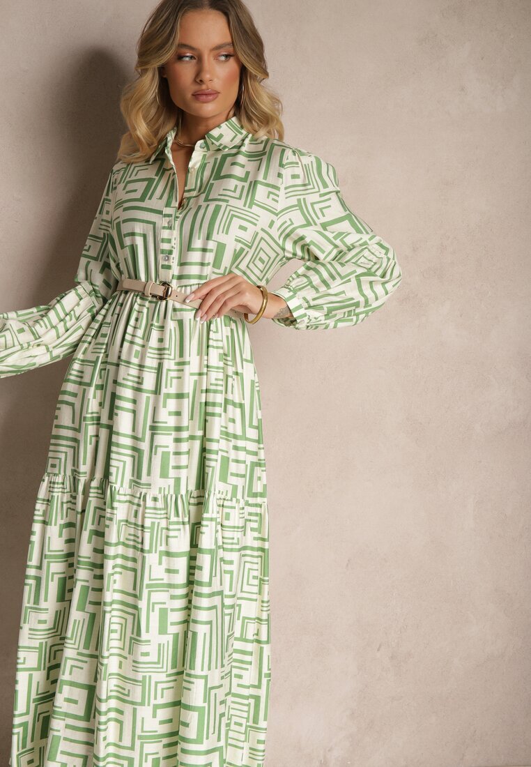 rosa Rochie Verde Evazată cu Vâscoză cu Imprimeu Geometric Apirestia