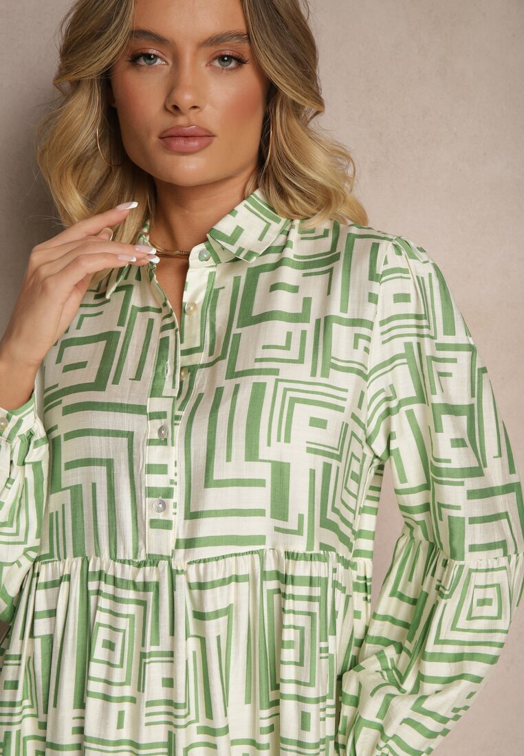 rosa Rochie Verde Evazată cu Vâscoză cu Imprimeu Geometric Apirestia