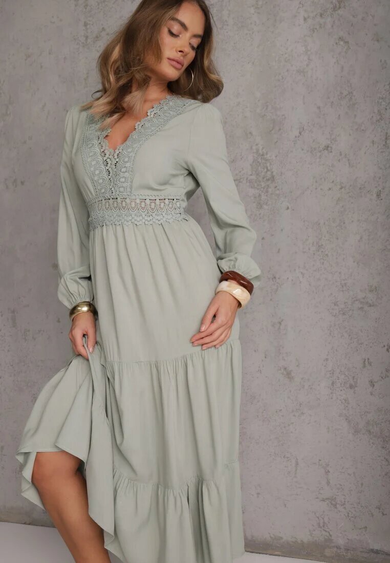 rosa Rochie Verde Evazată cu Volan și Dantelă Kiaya