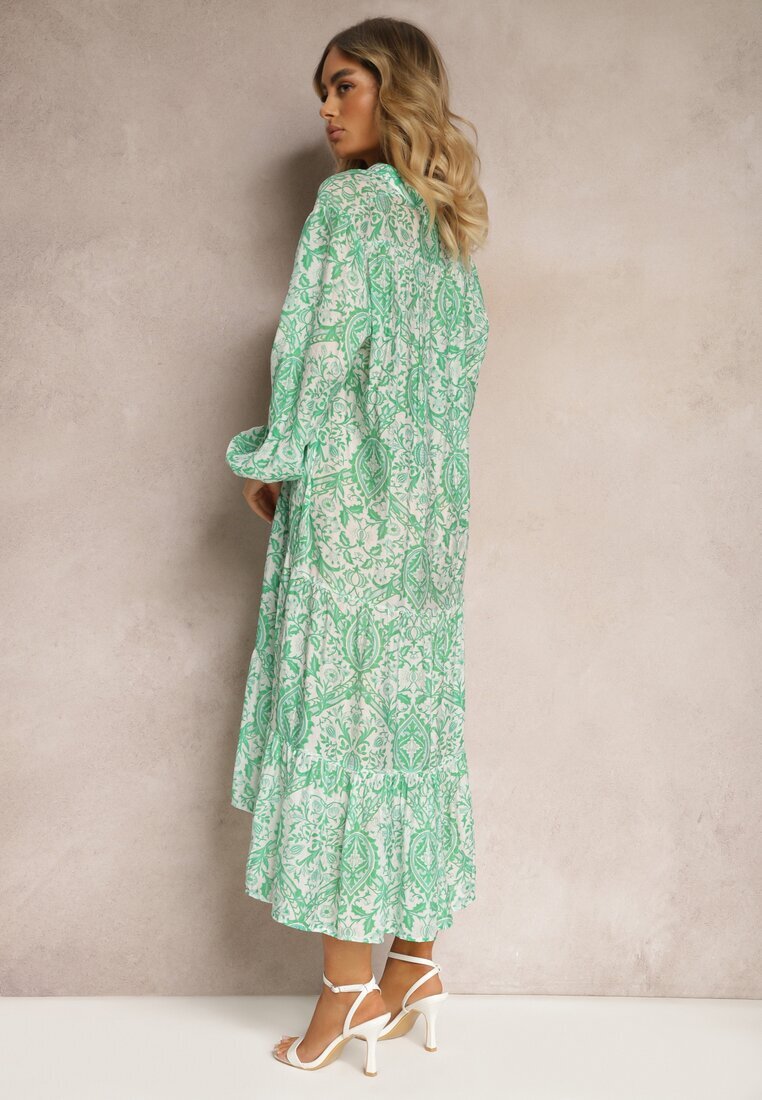 rosa Rochie Verde Florală cu Croi Cloș și Decolteu în V Nerpia