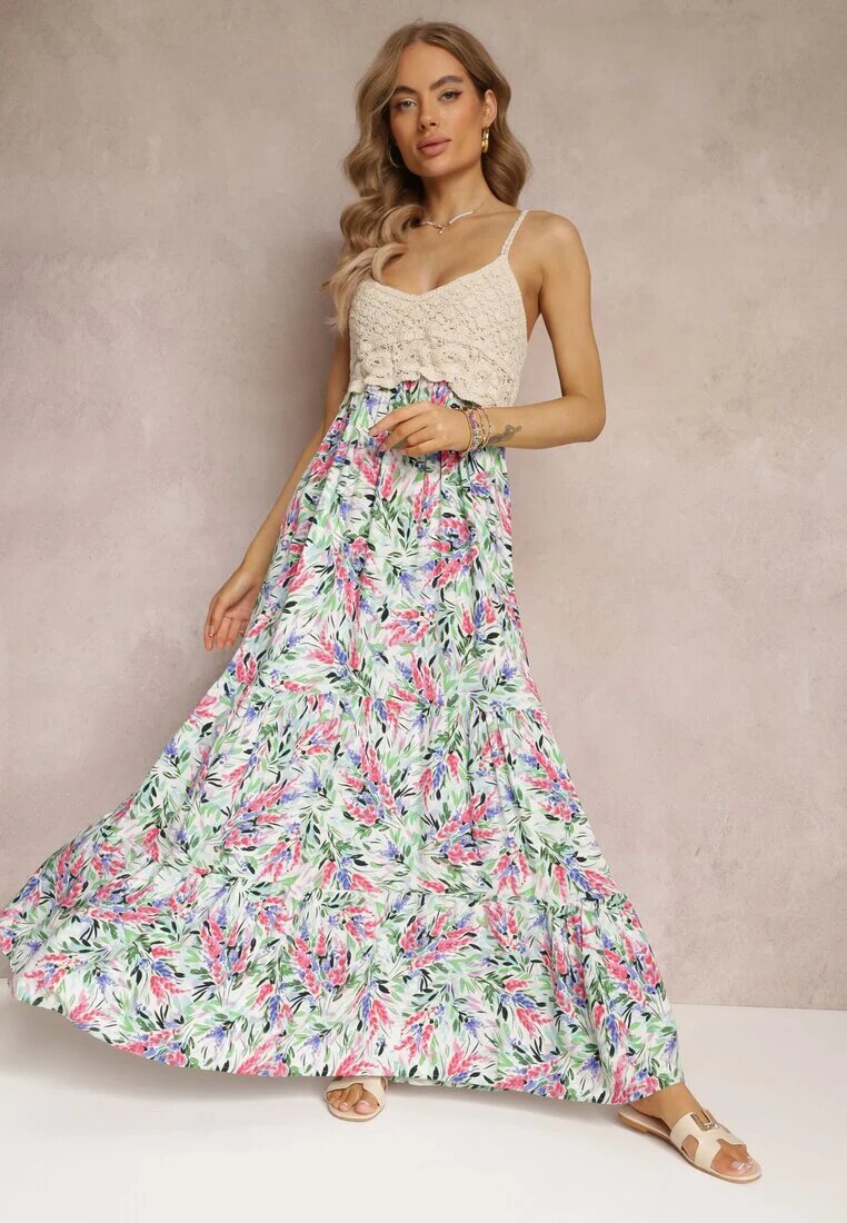 rosa Rochie Verde Florală Maxi cu Bluză Croșetată și Bretele Subțiri din Vâscoză Zanidora