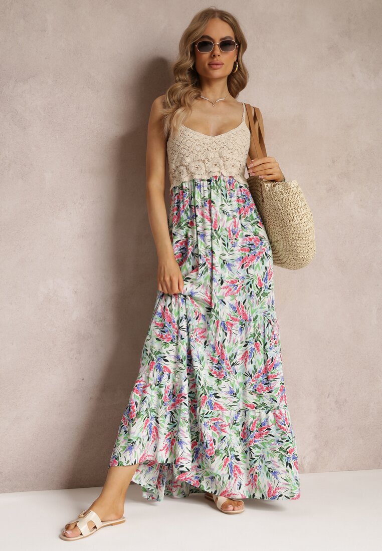 rosa Rochie Verde Florală Maxi cu Bluză Croșetată și Bretele Subțiri din Vâscoză Zanidora