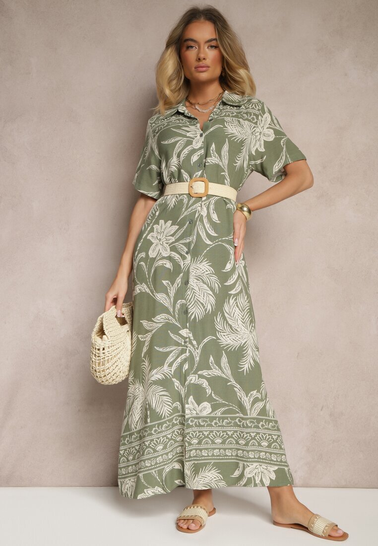 rosa Rochie Verde închis cu croială de cămașă florală din viscoză Erathia