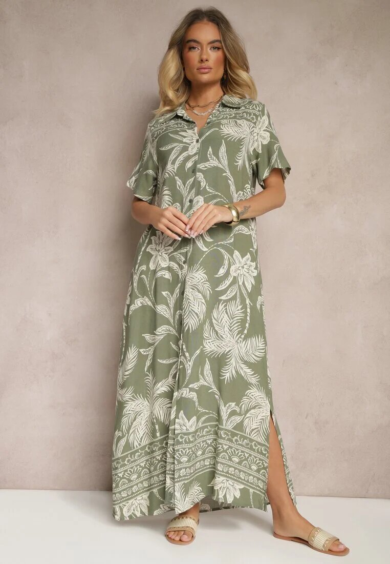 rosa Rochie Verde închis cu croială de cămașă florală din viscoză Erathia