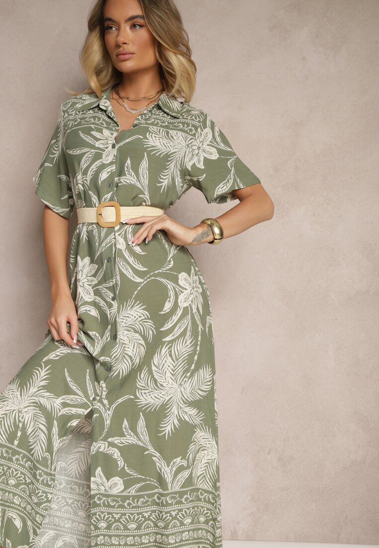 rosa Rochie Verde închis cu croială de cămașă florală din viscoză Erathia