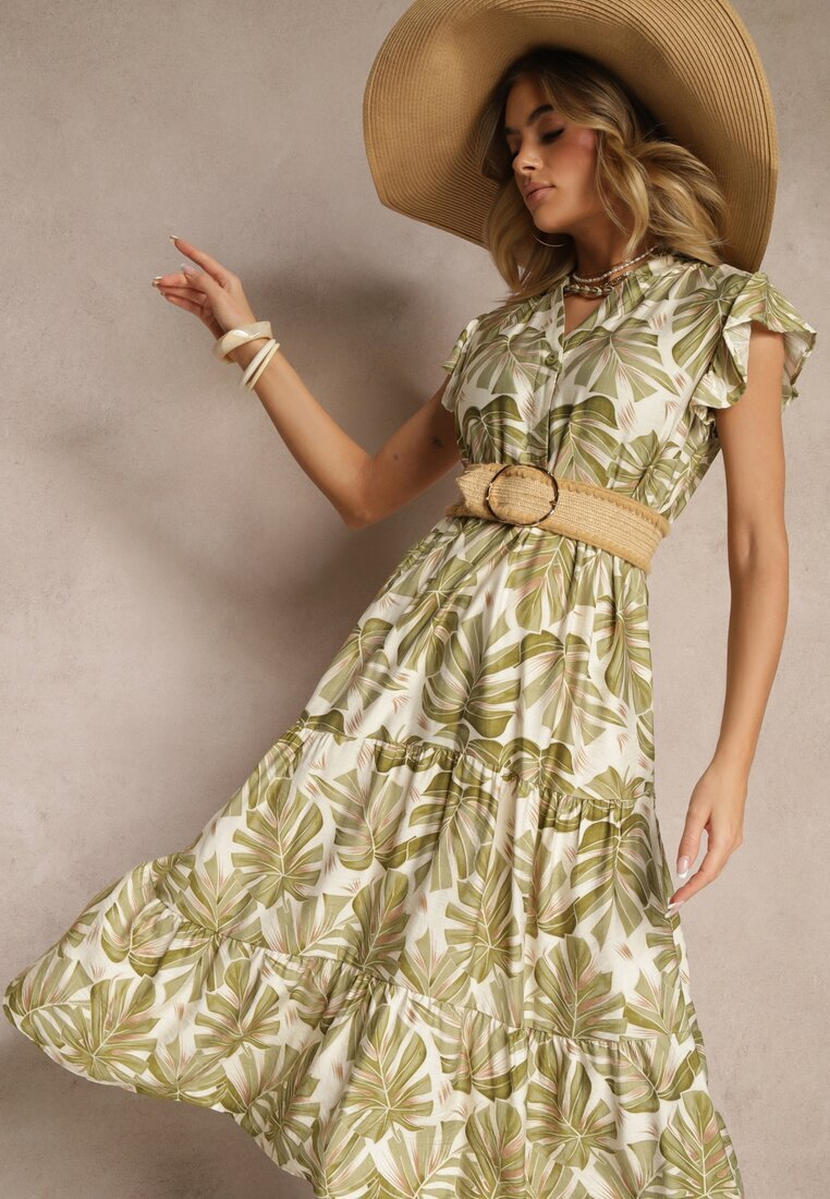 rosa Rochie verde închis evazată cu viscoză decorată cu imprimeu vegetal Galmoi