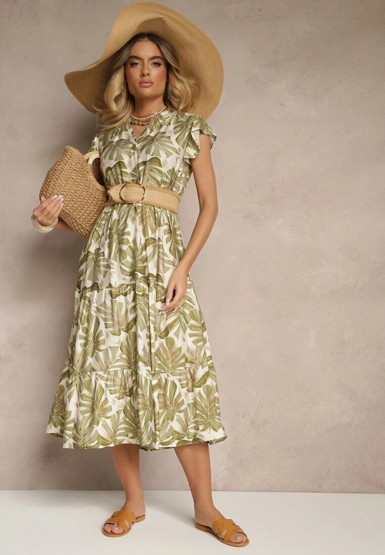 rosa Rochie verde închis evazată cu viscoză decorată cu imprimeu vegetal Galmoi