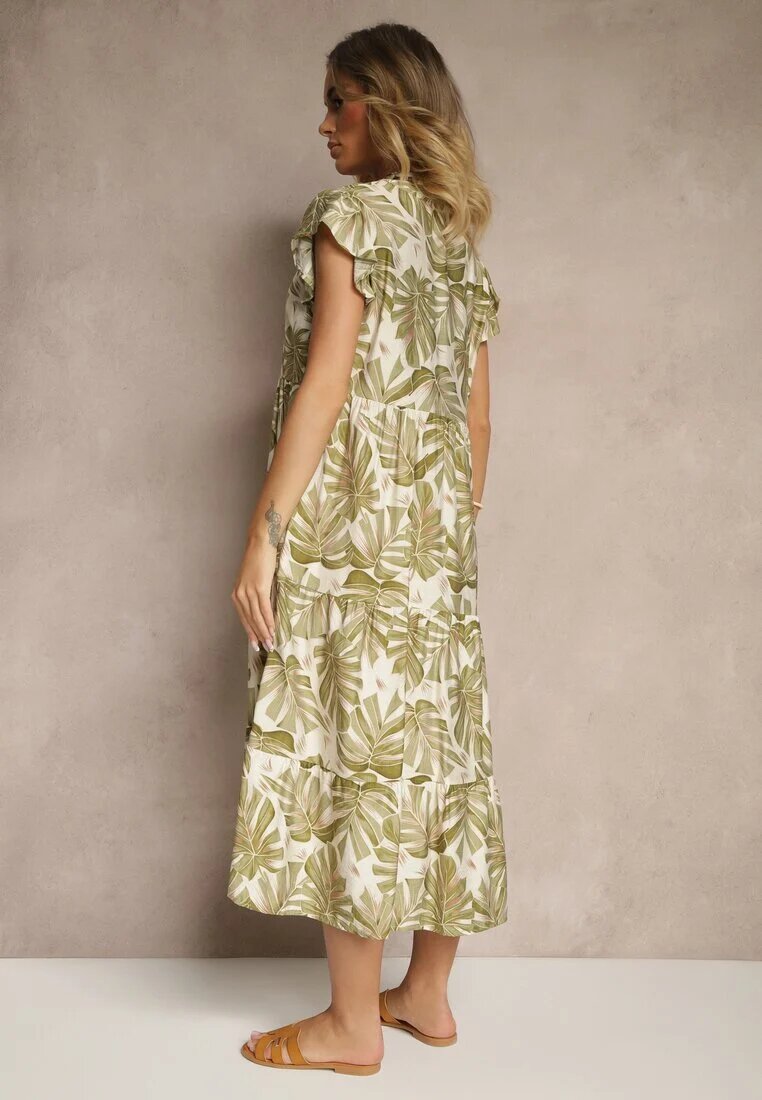 rosa Rochie verde închis evazată cu viscoză decorată cu imprimeu vegetal Galmoi