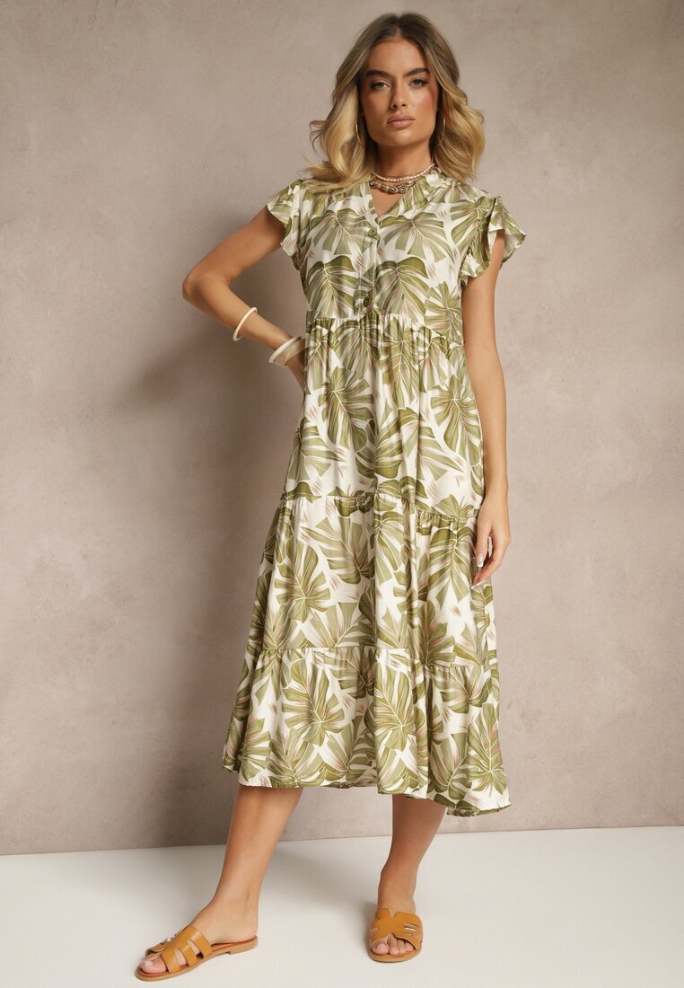 rosa Rochie verde închis evazată cu viscoză decorată cu imprimeu vegetal Galmoi