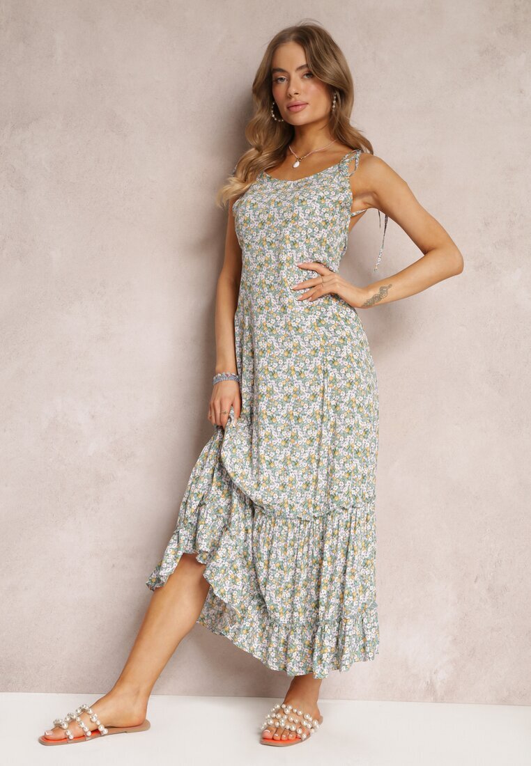 rosa Rochie Verde Maxi cu Bretele Legate și Volan la Poale Krosby