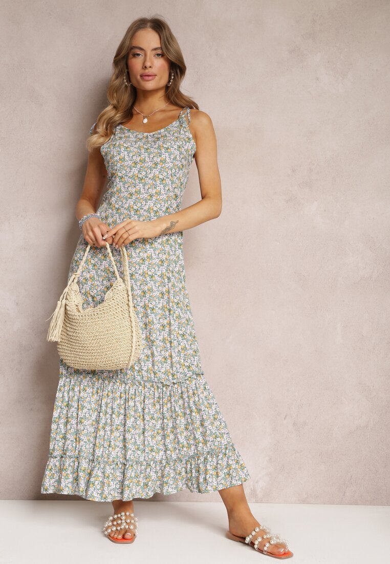 rosa Rochie Verde Maxi cu Bretele Legate și Volan la Poale Krosby