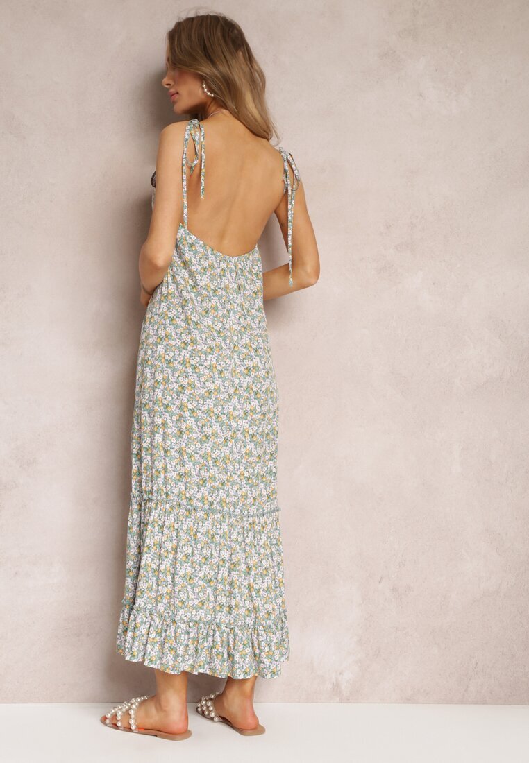 rosa Rochie Verde Maxi cu Bretele Legate și Volan la Poale Krosby