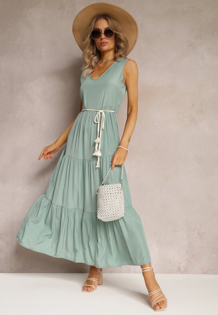 rosa Rochie Verde Maxi cu Fason Cloș cu Șnur Decorativ și Decolteu Triunghiular Zornitsa