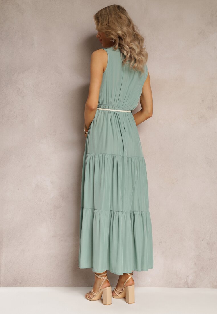 rosa Rochie Verde Maxi cu Fason Cloș cu Șnur Decorativ și Decolteu Triunghiular Zornitsa