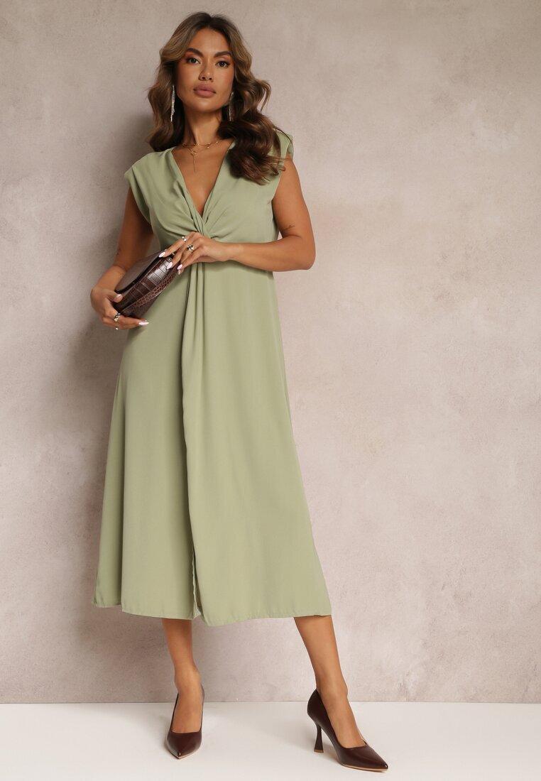 rosa Rochie Verde Midi cu croială evazată cu nod decorativ și crăpătură Zanondia