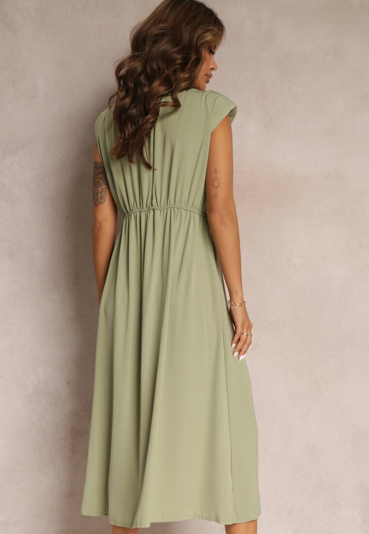 rosa Rochie Verde Midi cu croială evazată cu nod decorativ și crăpătură Zanondia