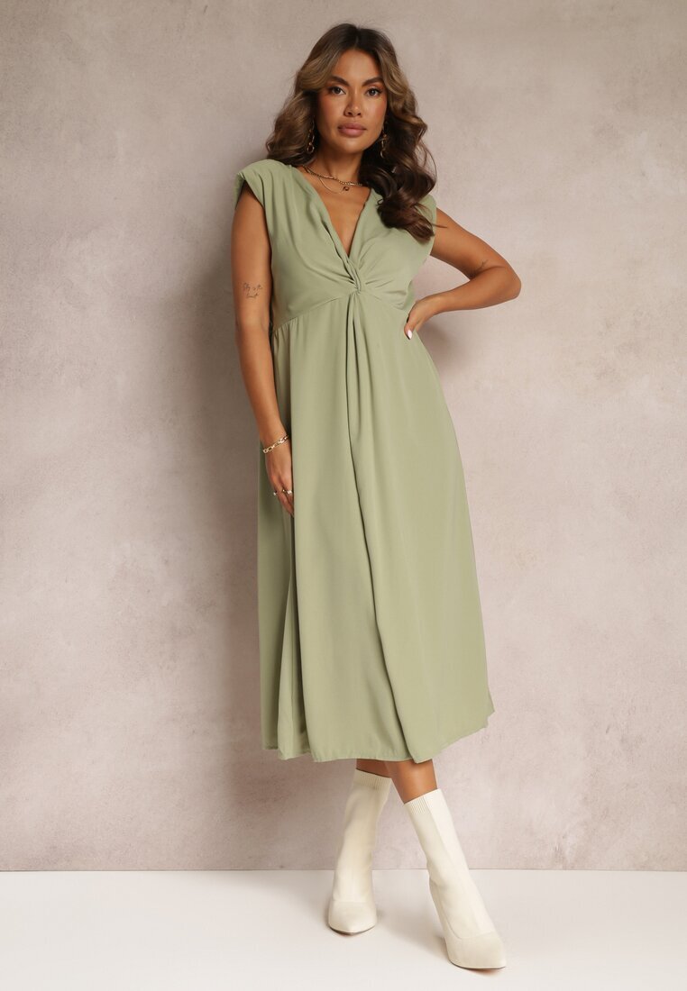 rosa Rochie Verde Midi cu croială evazată cu nod decorativ și crăpătură Zanondia
