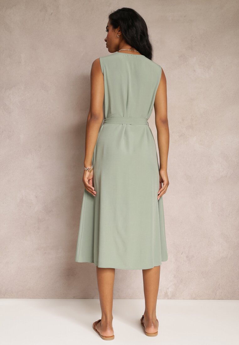 rosa Rochie Verde Trapez Midi fără mâneci cu cordon legat Ajana