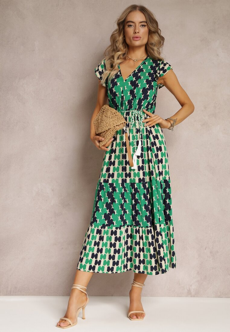 rosa Rochie Verde Viscoză Maxi cu elastic în talie și volane la umeri Baldise