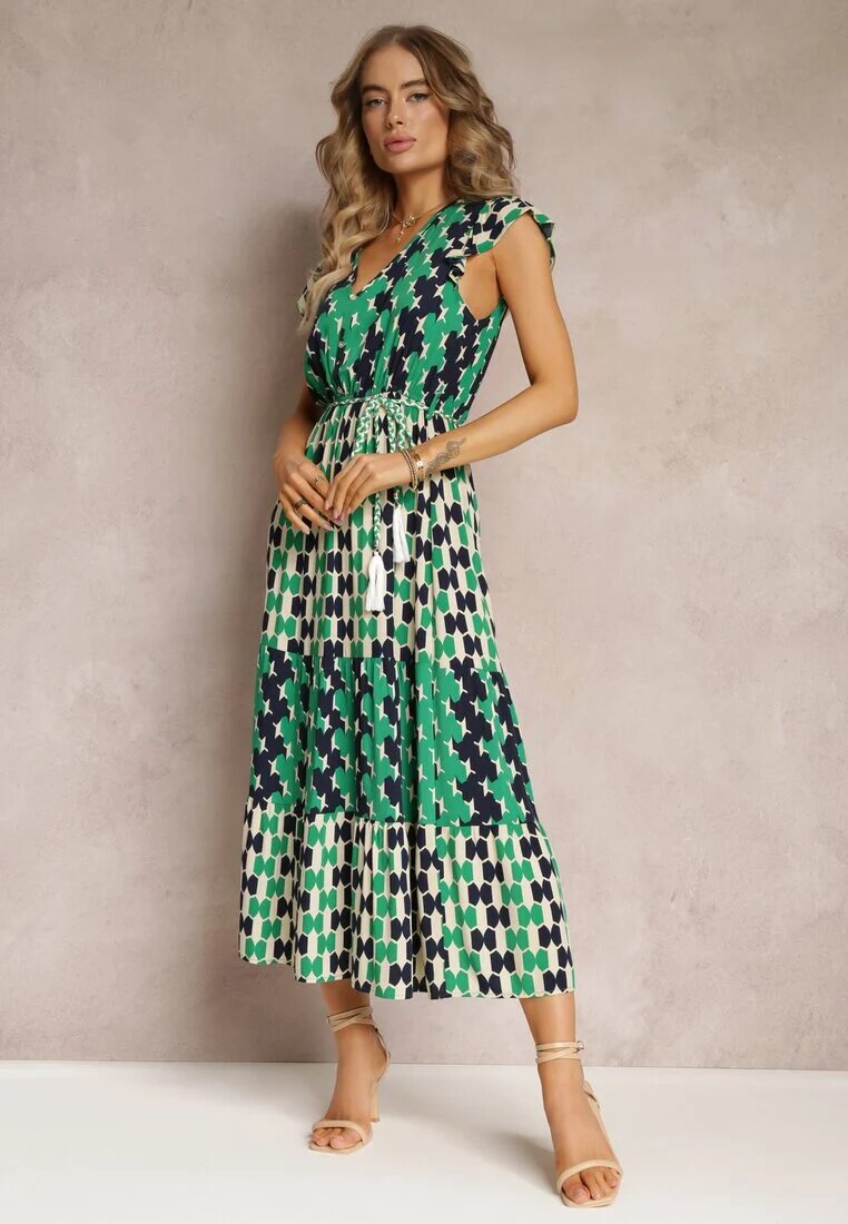 rosa Rochie Verde Viscoză Maxi cu elastic în talie și volane la umeri Baldise