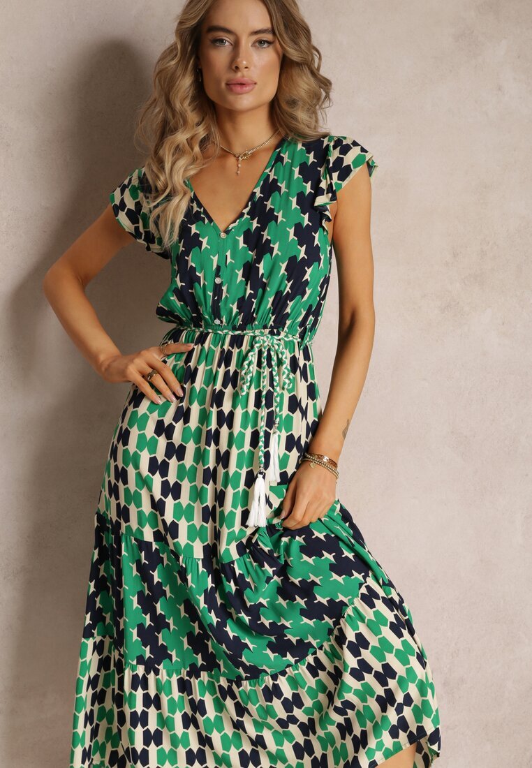 rosa Rochie Verde Viscoză Maxi cu elastic în talie și volane la umeri Baldise