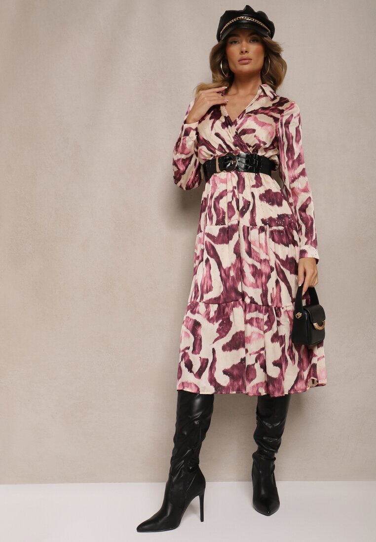 rosa Rochie Violet-bej Imprimată cu croială petrecută cu cordon și elastic în talie Zinnerva