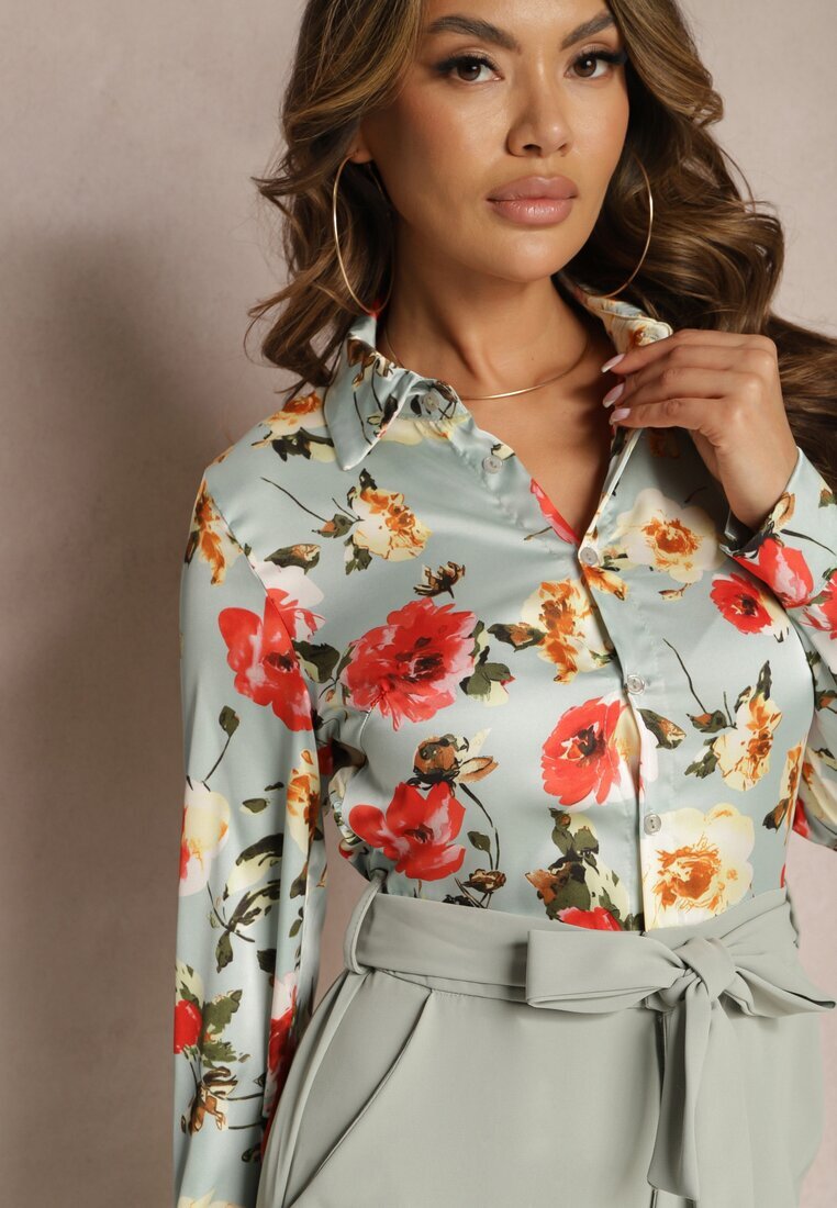 rosa Salopetă Elegantă Verde cu bust tip cămașă floral cu legătură în talie Klerovia
