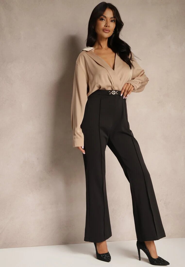 rosa Salopetă Negru-Bej petrecută cu bluză elegantă tip cămașă și pantaloni largi Vareti
