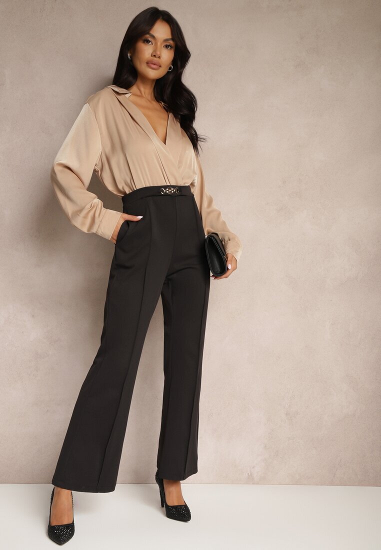 rosa Salopetă Negru-Bej petrecută cu bluză elegantă tip cămașă și pantaloni largi Vareti